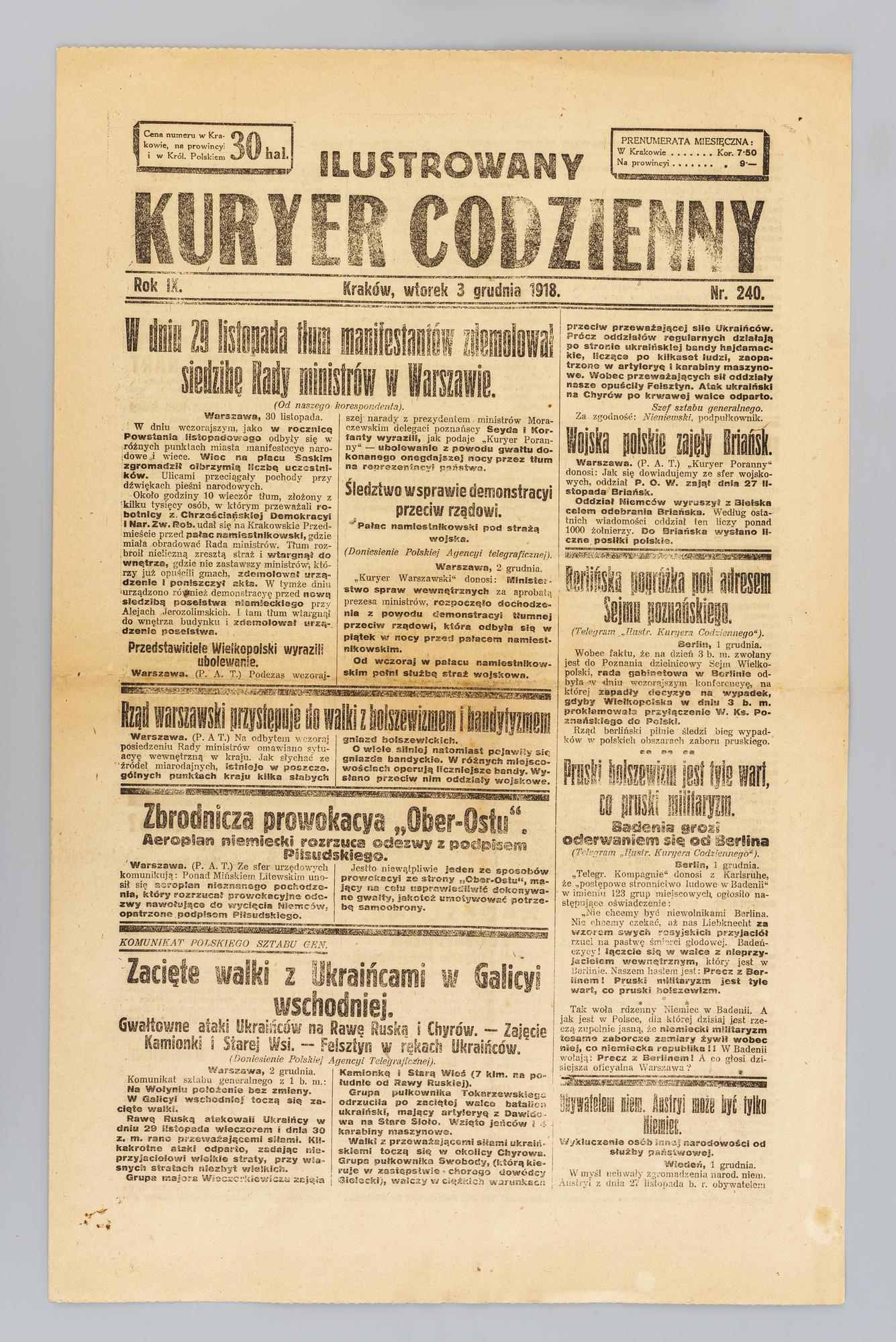 Ilustrowany Kuryer Codzienny, 03.12.1918, Rok IX, Nr 240, kliknięcie na zdjęcie spowoduje jego powiększenie
